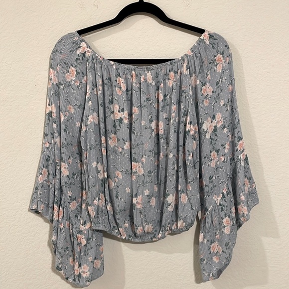 Entro Women’s Boho Tunic Top Medium Blue Floral Oversized Off Shoulder Hem Bell - Picture 1 of 13